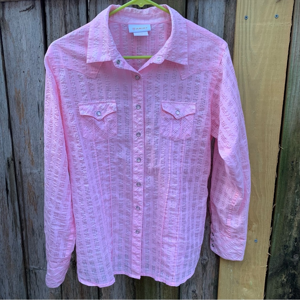 Ariat pink long sleeve , size large, semi shear blouse, snap buttons